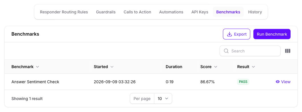 The Benchmarks panel on the Seeker Agent's General page in Console showing one completed run of Answer Sentiment Check with a score and a PASS badge, above the Run Benchmark and Export buttons.