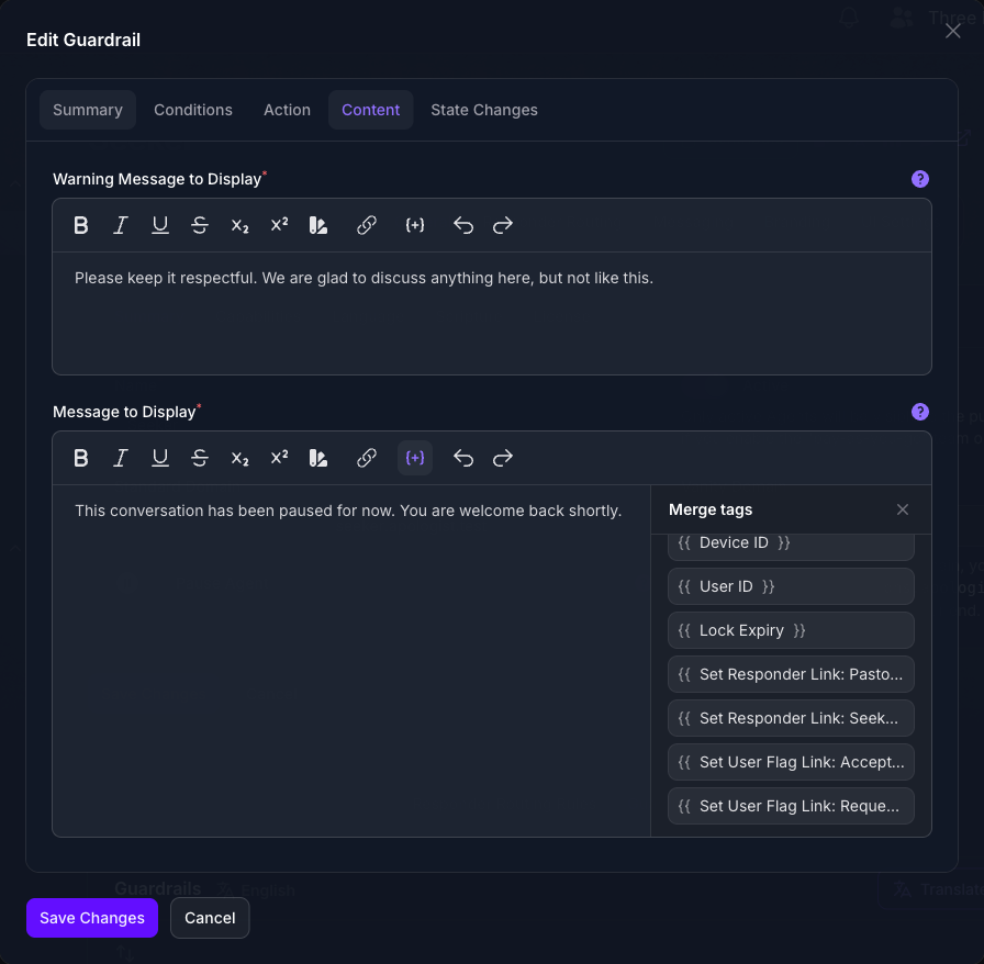 The Merge tags panel open on a guardrail's Message to Display field in Console, scrolled to show User ID and Lock Expiry above the four generated action links for this Agent's Responders and User Flags.