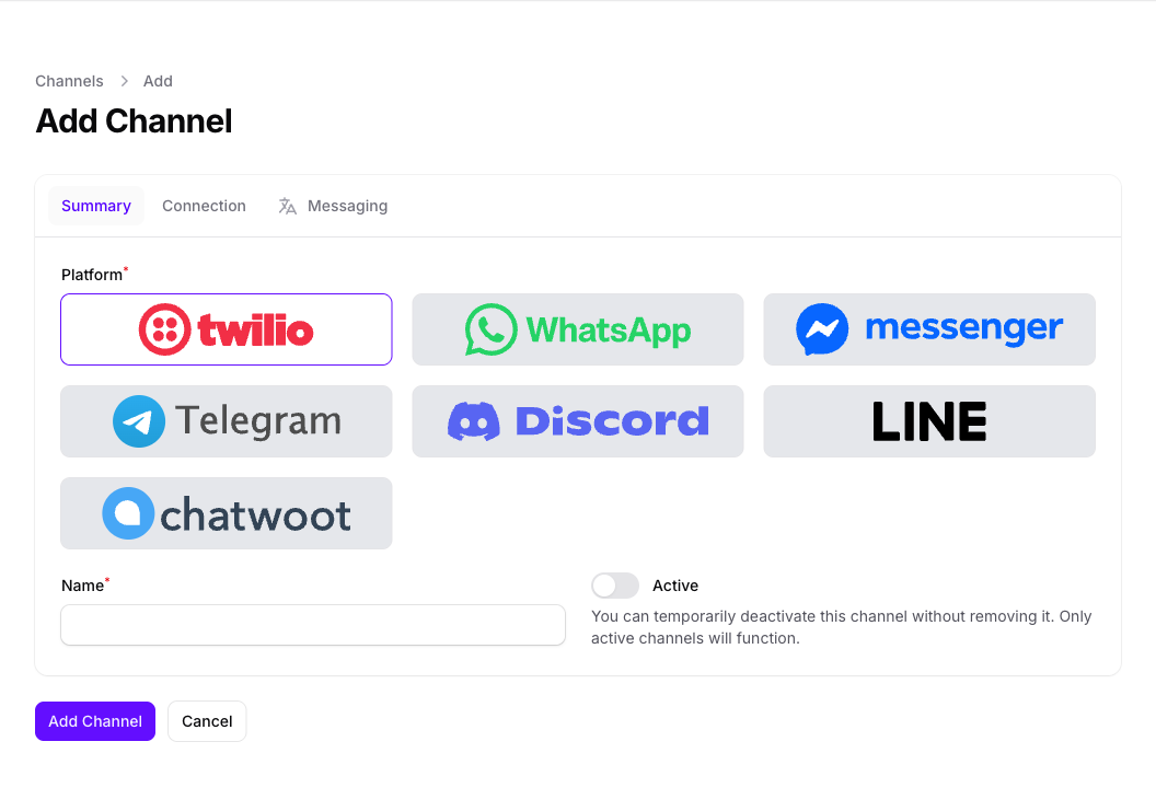 The Add Channel form in Console on the Summary tab, showing seven platform cards for Twilio, WhatsApp, Facebook Messenger, Telegram, Discord, LINE, and Chatwoot with Twilio selected, above an empty Name field and an Active toggle that is off.