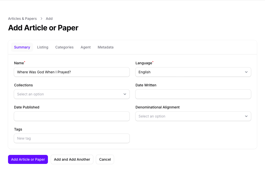 The Add Article or Paper form in Console on its Summary tab, with the Name filled in as Where Was God When I Prayed?, Language set to English, and the Collections, Date Written, Date Published, Denominational Alignment and Tags fields empty, above the Add Article or Paper, Add and Add Another and Cancel buttons.