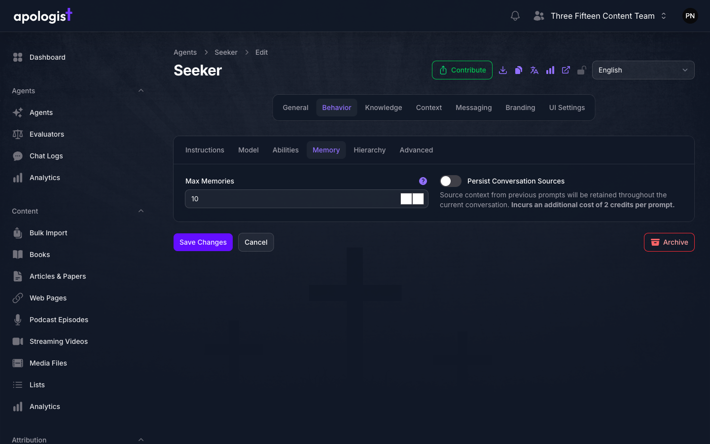 The Memory tab of the Seeker Agent's Behavior page in Console, showing Max Memories set to 10 and a Persist Conversation Sources toggle turned off.