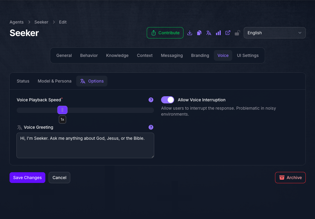 The Options tab of the Seeker Agent's Voice page in Console, showing a Voice Playback Speed slider, an Allow Voice Interruption toggle, and a Voice Greeting text area.