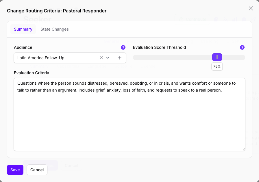 The Change Routing Criteria dialog for the Pastoral Responder rule in Console, showing the Latin America Follow-Up Audience selected, an Evaluation Score Threshold of 75%, and the Evaluation Criteria describing when this Responder answers.
