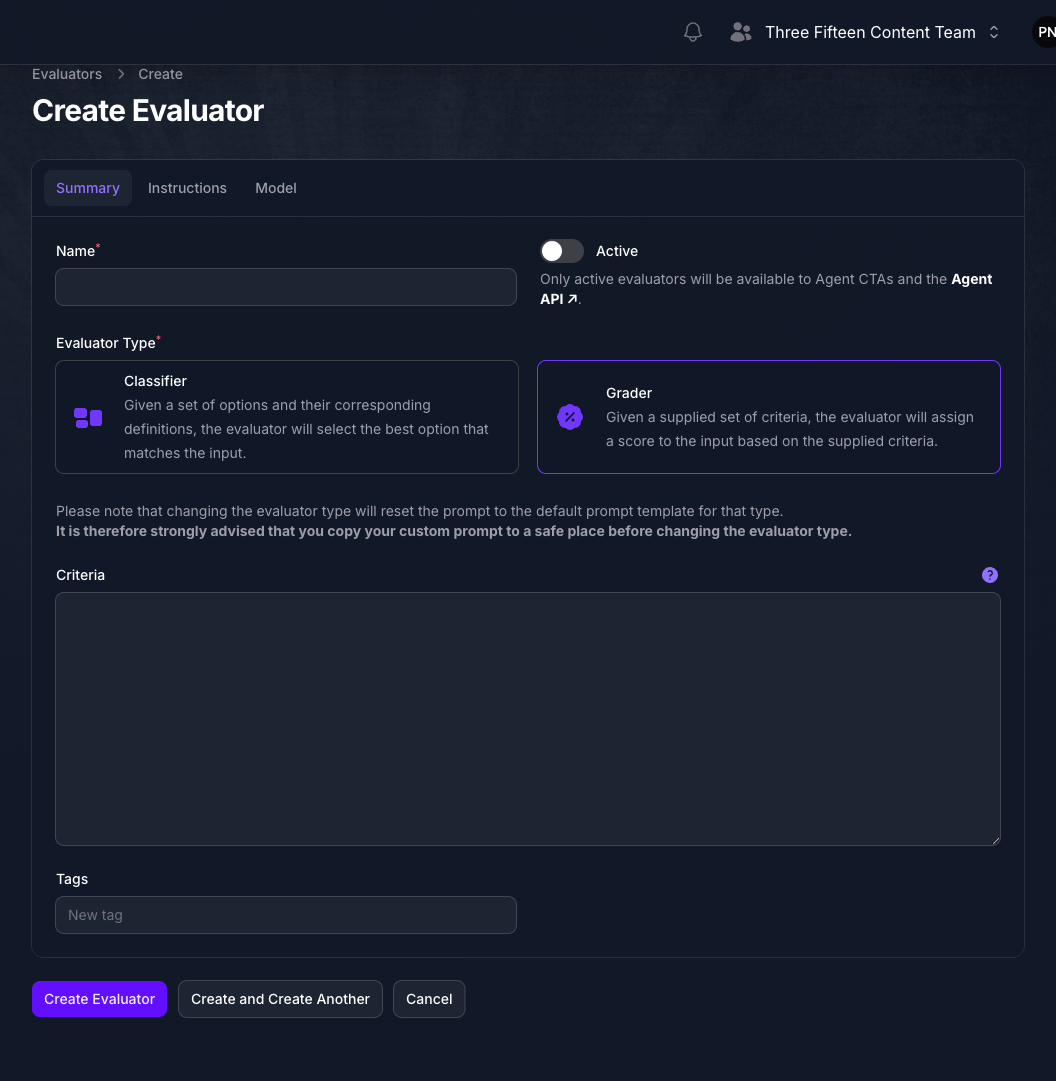 The Create Evaluator form in Console with Grader selected, showing the Criteria field that appears only for that type.