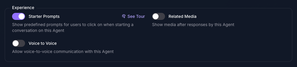 The Experience group on the Capabilities tab of the Seeker Agent's General page in Console, with Starter Prompts turned on above Related Media and Voice to Voice, which are off.
