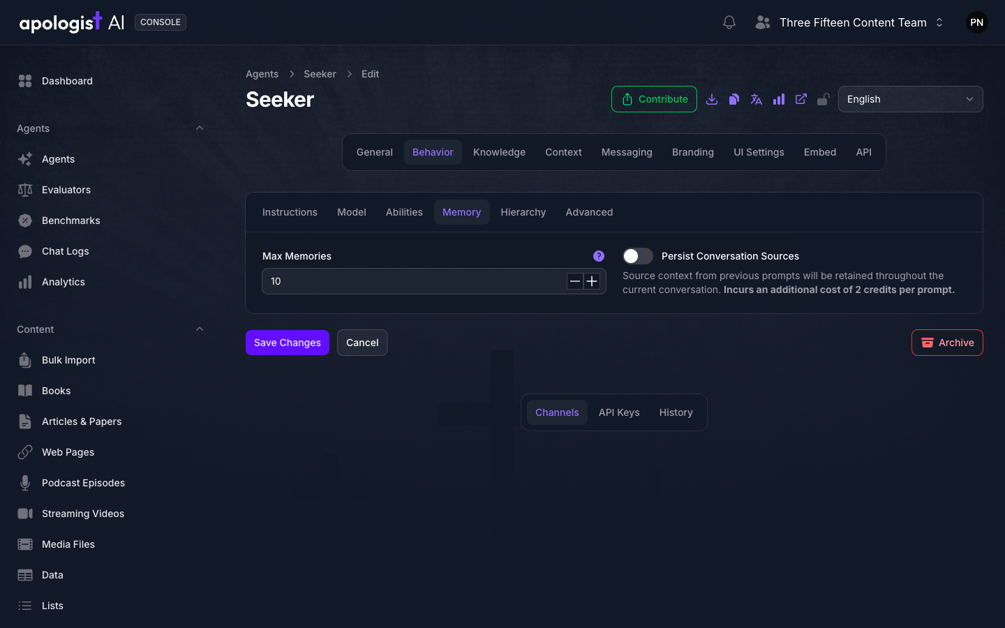 The Memory tab of the Seeker Agent's Behavior page in Console, showing Max Memories set to 10 and a Persist Conversation Sources toggle turned off.