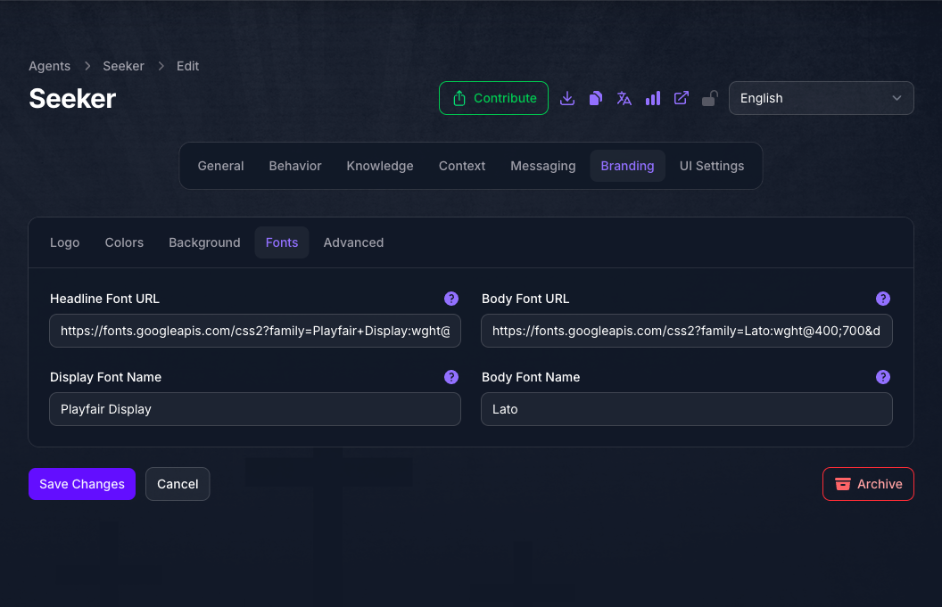The Fonts tab of the Seeker Agent's Branding page in Console, showing Headline Font URL and Body Font URL filled with Google Fonts stylesheet links and matching Display Font Name and Body Font Name fields.