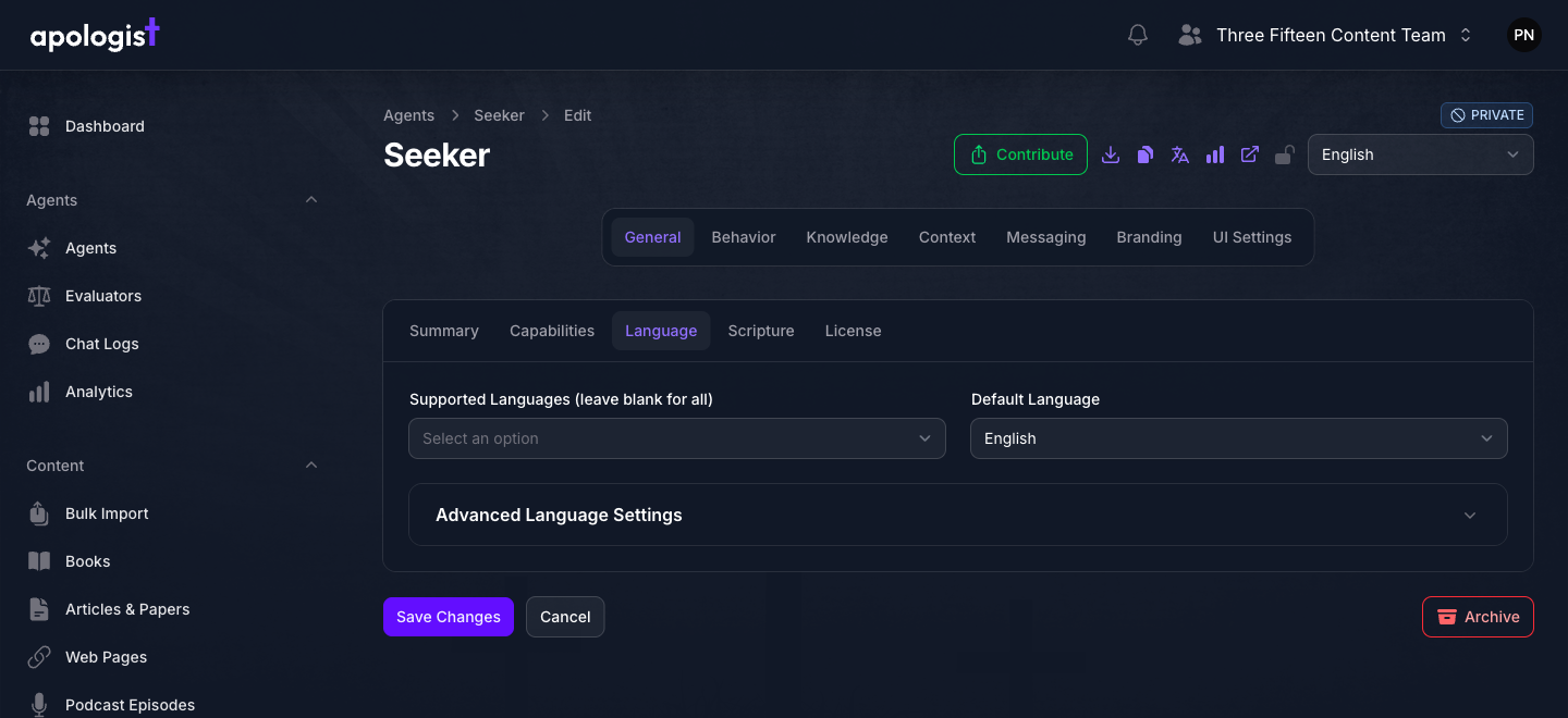 The Language tab of the Seeker Agent's General page in Console, showing the Supported Languages and Default Language fields and a collapsed Advanced Language Settings section.