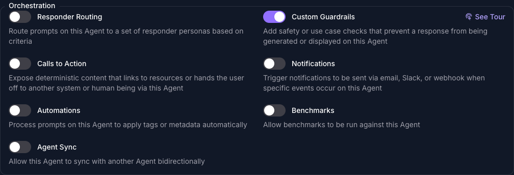 The Orchestration group on the Capabilities tab of the Seeker Agent's General page in Console, with Custom Guardrails turned on and every other capability in the group turned off.