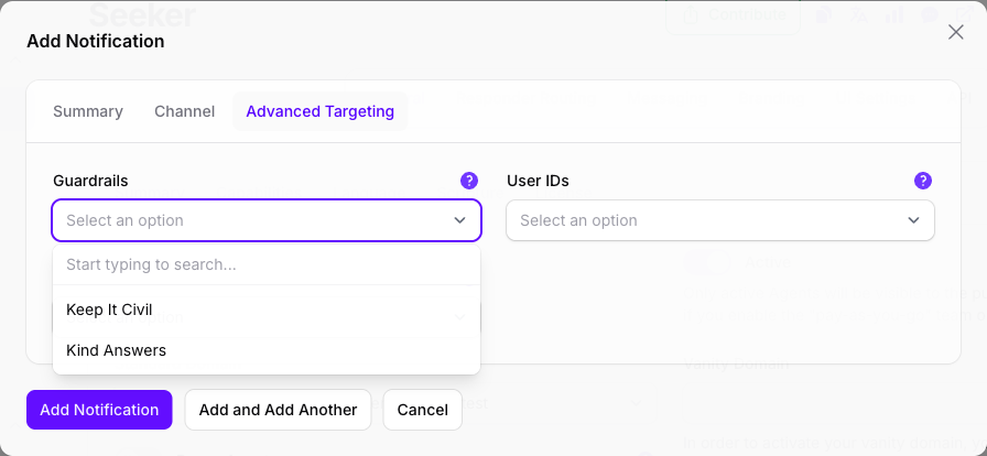 The Advanced Targeting tab of the Add Notification dialog in Console, with the Guardrails picker open listing this Agent's two guardrails, Keep It Civil and Kind Answers, beside the User IDs and Device IDs fields.