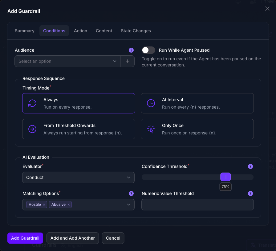 The Conditions tab of the Add Guardrail dialog in Console, with the Conduct Evaluator selected and Hostile and Abusive chosen under Matching Options, above an empty Audience picker and a Timing Mode of Always.
