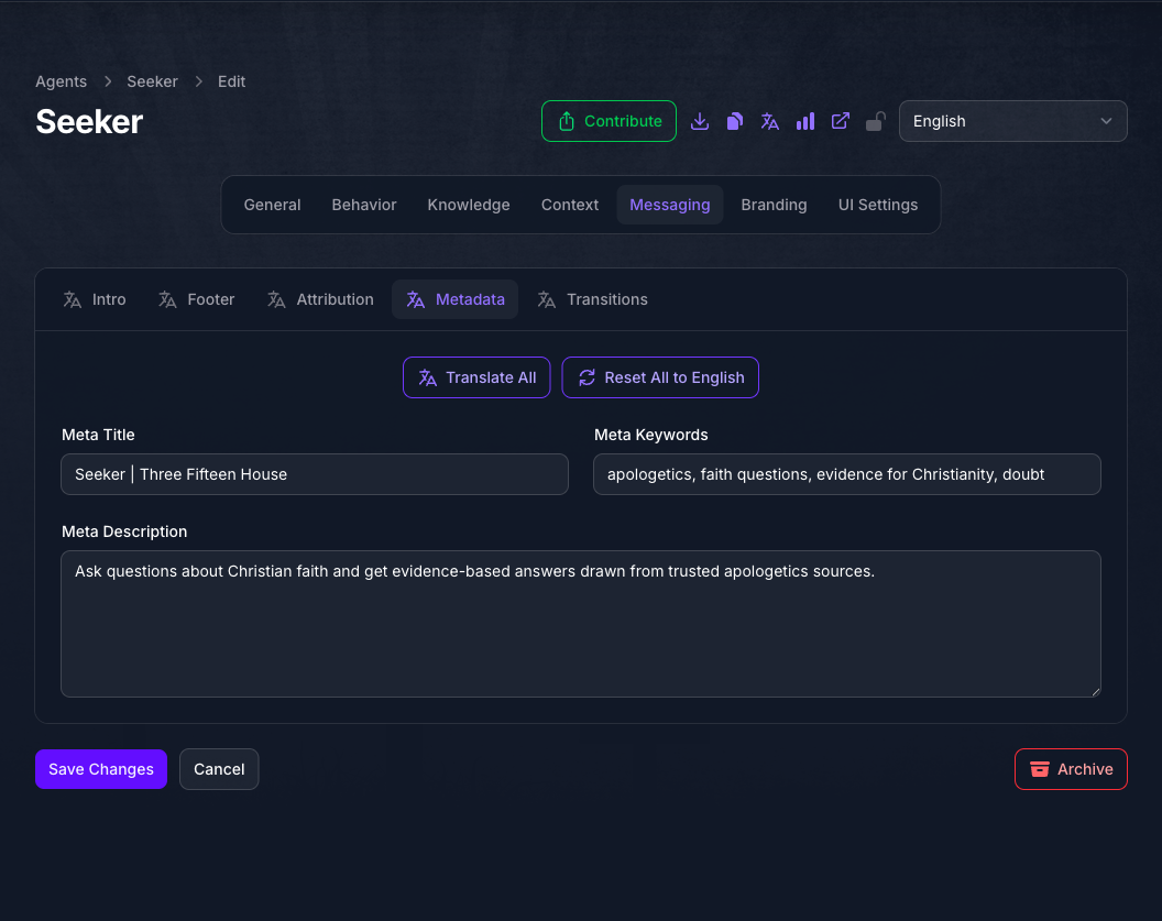 The Metadata tab of the Seeker Agent's Messaging page in Console, showing Meta Title, Meta Keywords, and a Meta Description text area filled in.