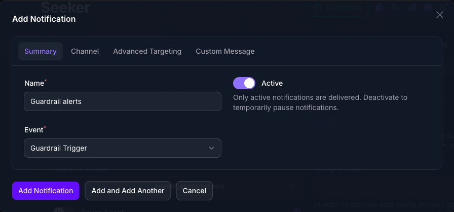 The Add Notification dialog in Console on its Summary tab, with the Name filled in as Guardrail alerts, the Active toggle on, and the Event set to Guardrail Trigger.