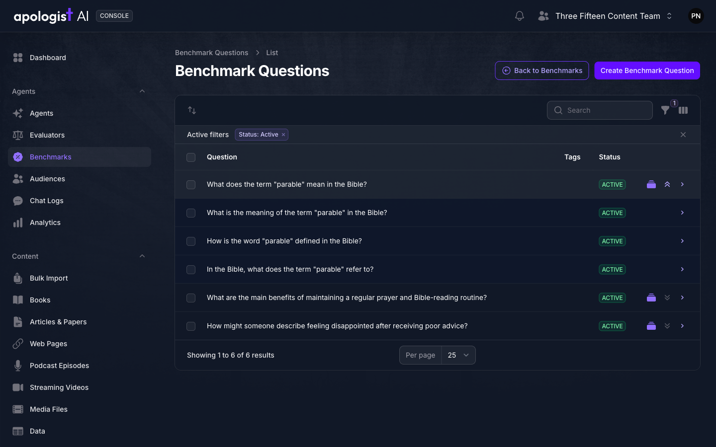 The Benchmark Questions list in Console with one question expanded to show three generated variants of it on shaded rows beneath.