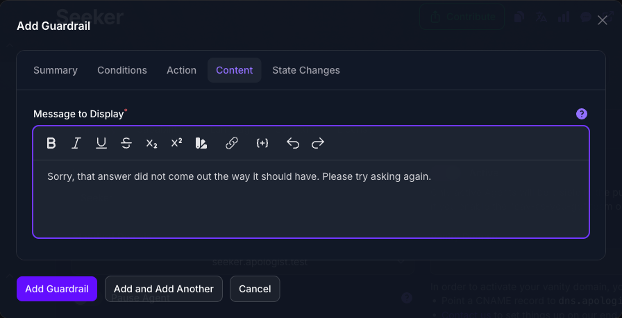 The Content tab of the Add Guardrail dialog in Console with the Type set to Response, showing a single Message to Display field holding the wording shown when an answer keeps failing.
