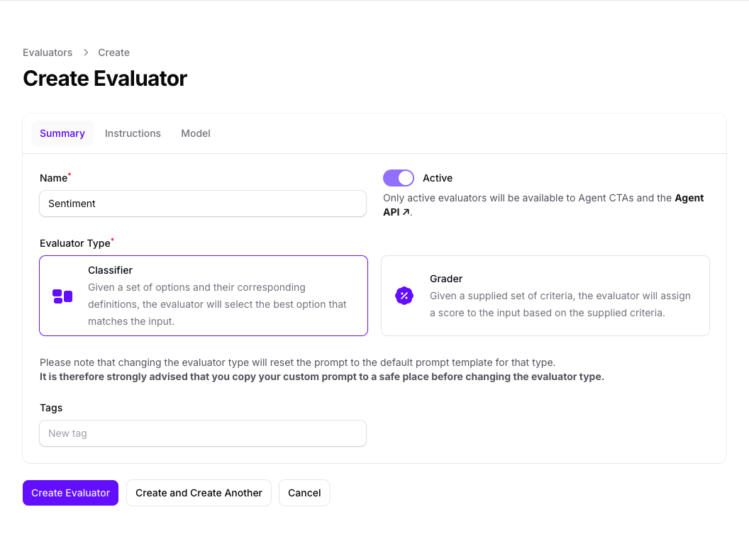 The Summary tab of the Create Evaluator form in Console, with the Name filled in as Sentiment, the Active toggle turned on, and Classifier selected between the Classifier and Grader cards.