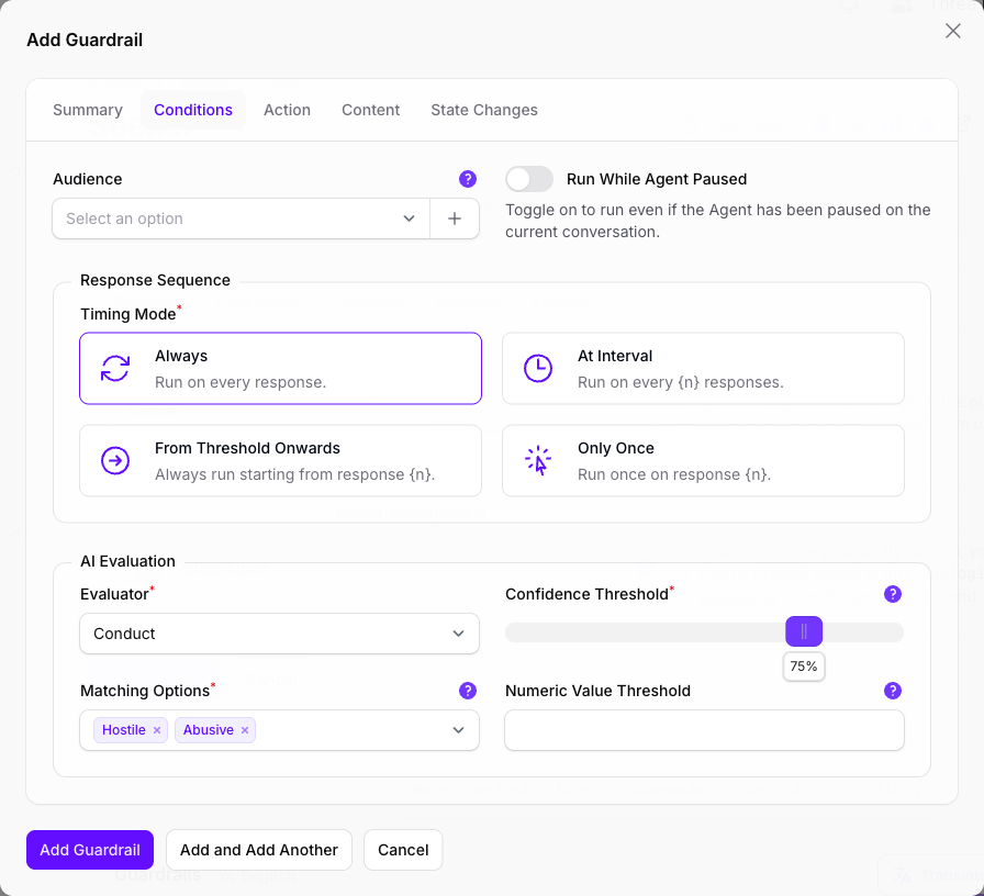 The Conditions tab of the Add Guardrail dialog in Console, with the Conduct Evaluator selected and Hostile and Abusive chosen under Matching Options, above an empty Audience picker and a Timing Mode of Always.