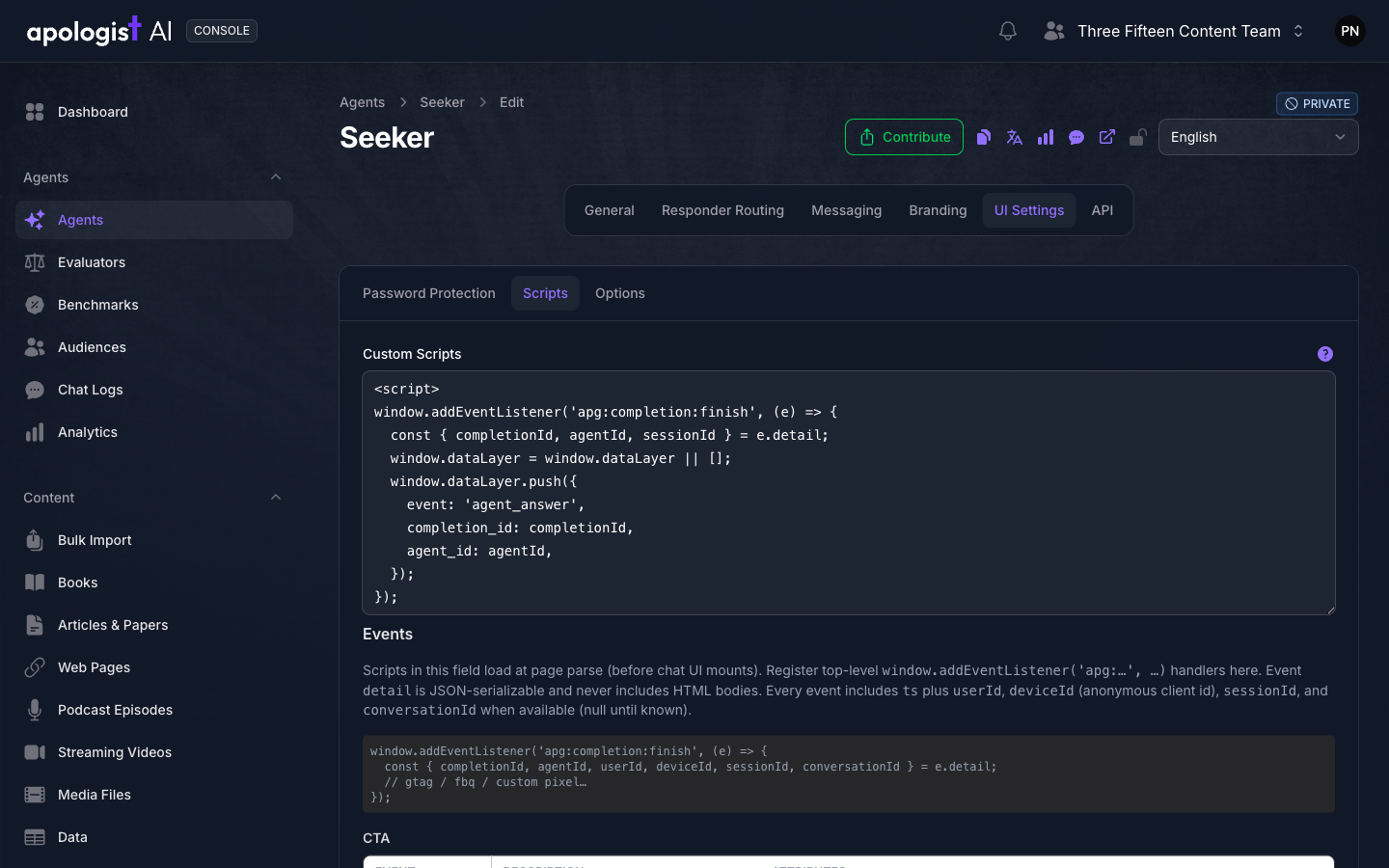 The Scripts tab of the Seeker Agent's UI Settings page in Console, with a tracking script in the Custom Scripts field and the start of the Events reference below it.