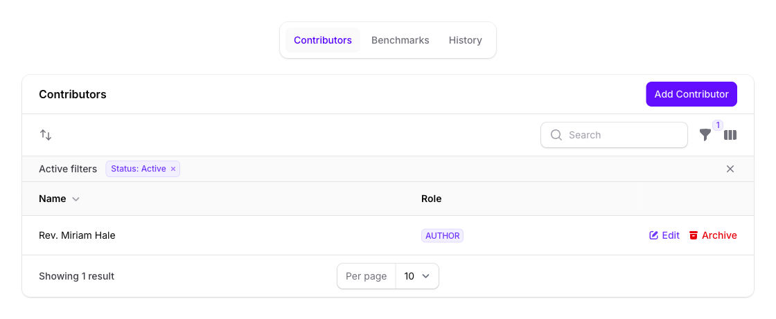 The Contributors table below the article Where Was God When I Prayed? in Console, selected beside Benchmarks and History, listing Rev. Miriam Hale with the role Author, with the Add Contributor button above it.