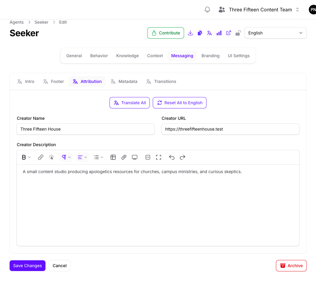 The Attribution tab of the Seeker Agent's Messaging page in Console, showing Creator Name, Creator URL, and a rich text Creator Description filled in.