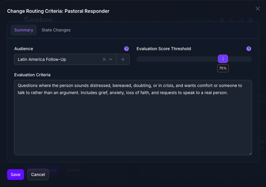 The Change Routing Criteria dialog for the Pastoral Responder rule in Console, showing the Latin America Follow-Up Audience selected, an Evaluation Score Threshold of 75%, and the Evaluation Criteria describing when this Responder answers.