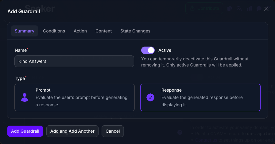 The Add Guardrail dialog in Console on its Summary tab, with the Name filled in as Kind Answers and Response selected beside Prompt in the Type deck.