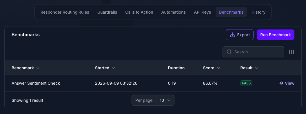 The Benchmarks panel on the Seeker Agent's General page in Console showing one completed run of Answer Sentiment Check with a score and a PASS badge, above the Run Benchmark and Export buttons.