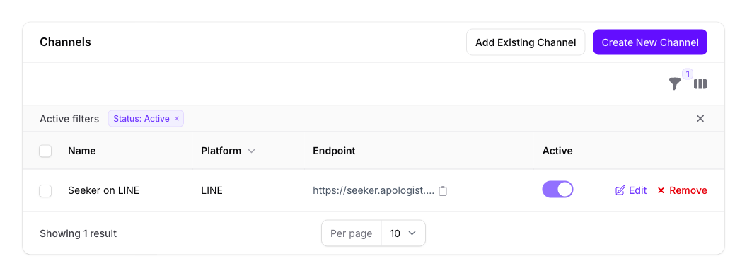 The Channels panel on the Seeker Agent in Console, listing one channel named Seeker on LINE with its platform, a truncated endpoint with a copy button, an Active toggle that is on, and Edit and Remove actions.