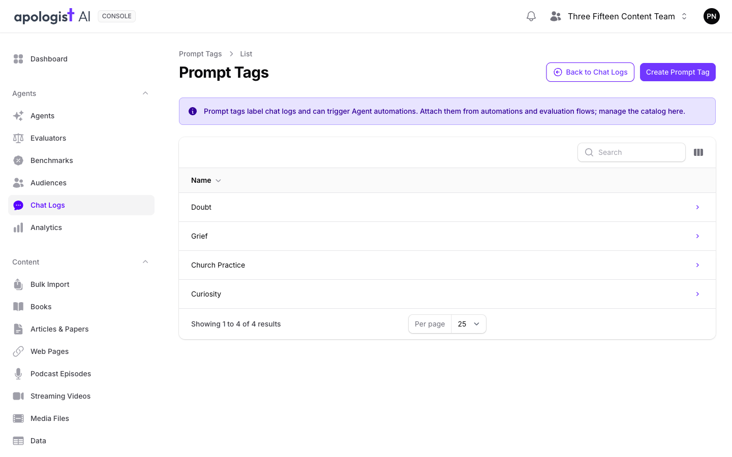 The Prompt Tags screen in Console, reached from Chat Logs, listing the Doubt, Grief, Church Practice and Curiosity tags above a Create Prompt Tag button.