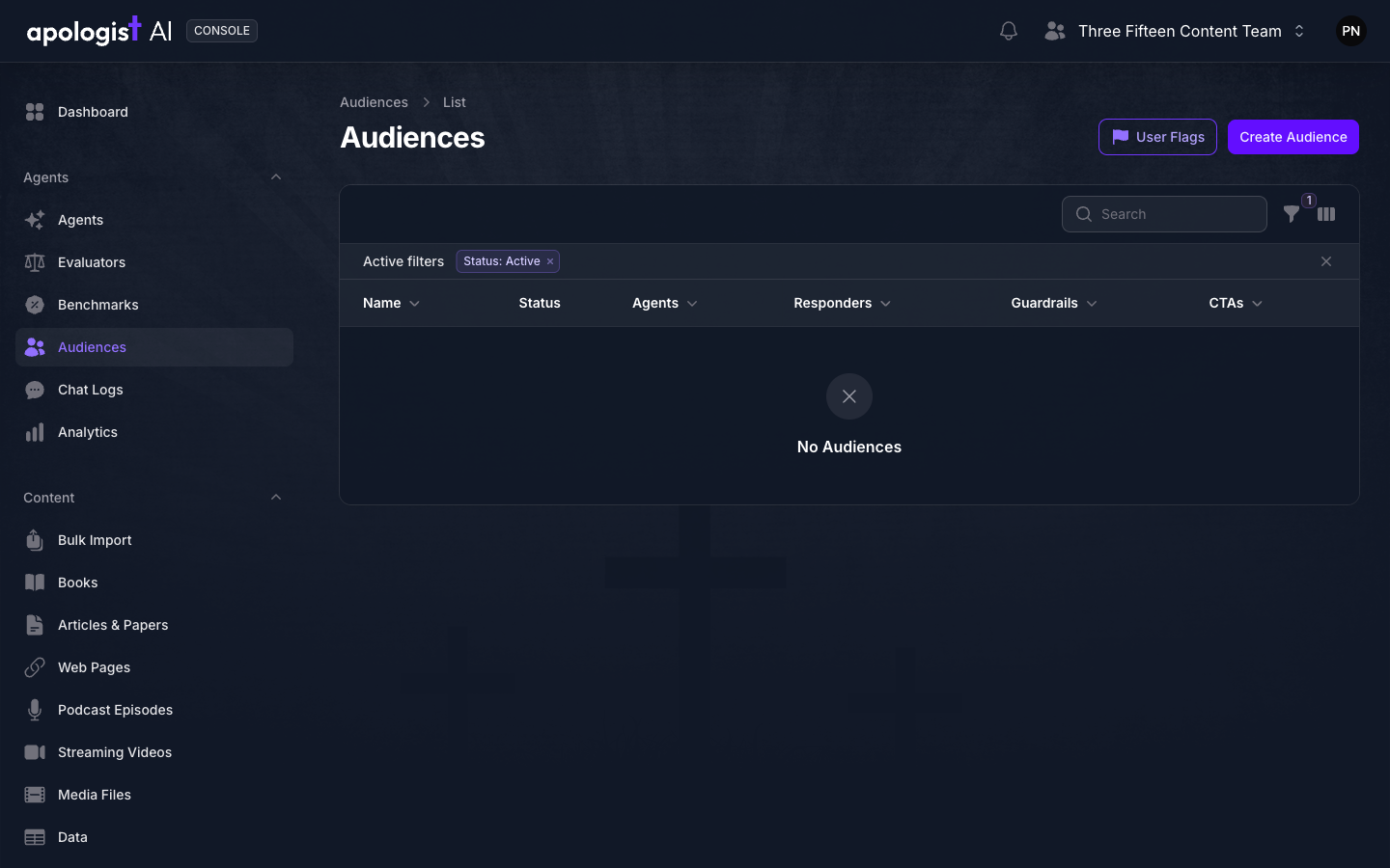 The empty Audiences list in Console under the Agents group, with the User Flags and Create Audience buttons above it.