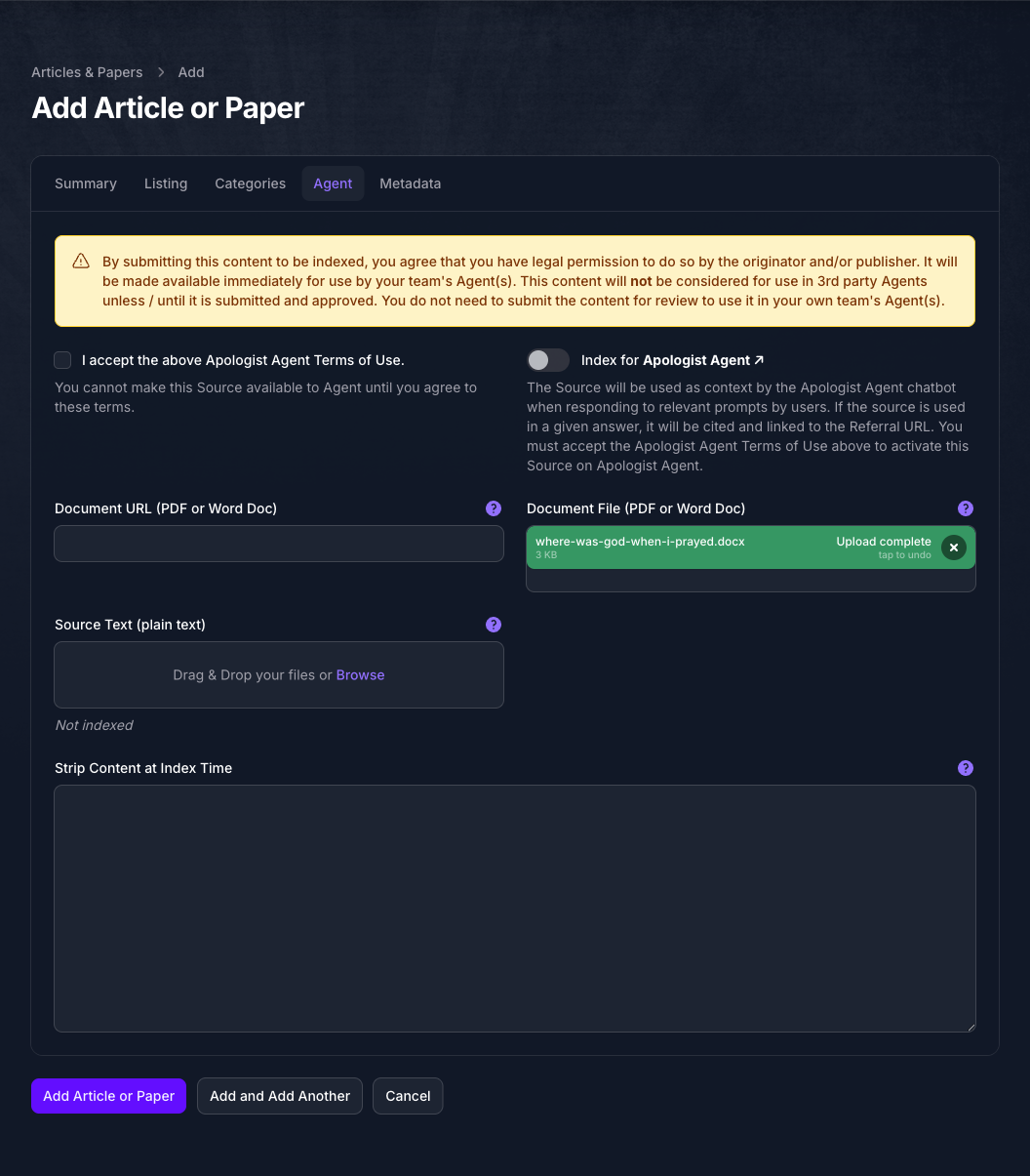 The Agent tab of the Add Article or Paper form in Console, showing the permission notice, the unticked Apologist Agent Terms of Use checkbox, Index for Apologist Agent turned off, an empty Document URL field, a Word document uploaded to Document File, and an empty Source Text field.