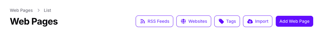 The header of the Web Pages list in Console, with RSS Feeds, Websites, Tags and Import buttons beside Add Web Page.