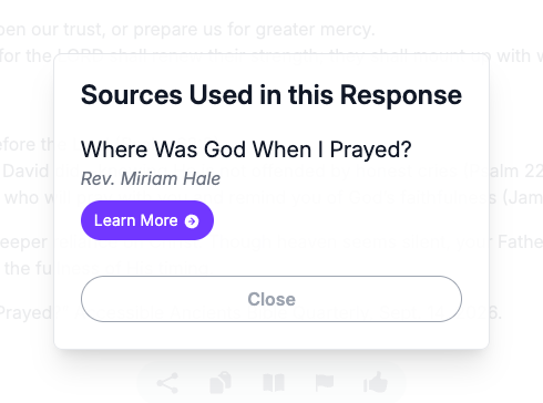 The Sources Used in this Response dialog on the Seeker Agent, listing the article Where Was God When I Prayed? with Rev. Miriam Hale under its title, above a Learn More button and a Close button.