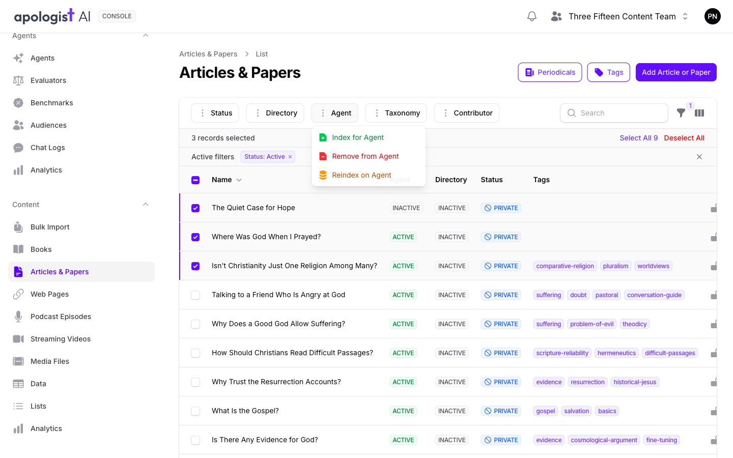 The Articles & Papers list in Console with three rows ticked, 3 records selected, and the Agent menu open above the table offering Index for Agent, Remove from Agent and Reindex on Agent.