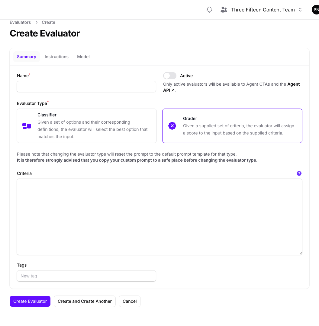 The Create Evaluator form in Console with Grader selected, showing the Criteria field that appears only for that type.