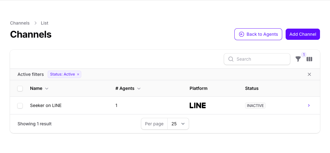 The team-level Channels list in Console with Back to Agents and Add Channel buttons, showing one channel named Seeker on LINE with its agent count, platform logo, and a status of INACTIVE.