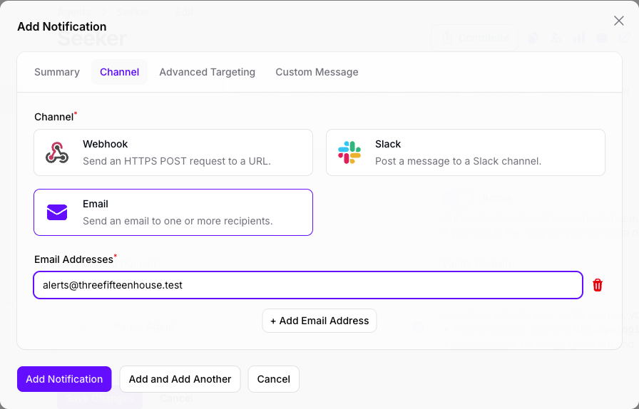 The Channel tab of the Add Notification dialog in Console, with the Email card selected, one recipient filled in under Email Addresses, and a Custom Message tab in the strip above.