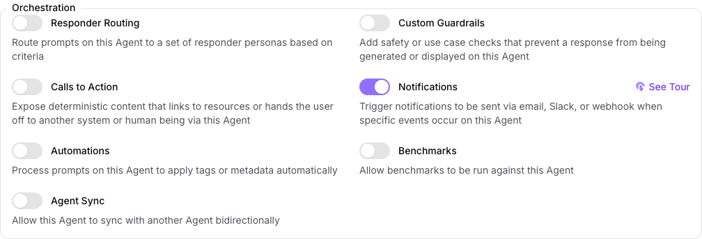 The Orchestration group on the Capabilities tab of the Seeker Agent's General page in Console, with Notifications turned on and every other capability in the group turned off.