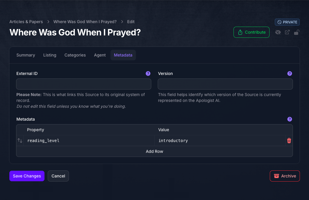 The Metadata tab of the article Where Was God When I Prayed? in Console, with empty External ID and Version fields above a Metadata table holding the property reading_level with the value introductory.