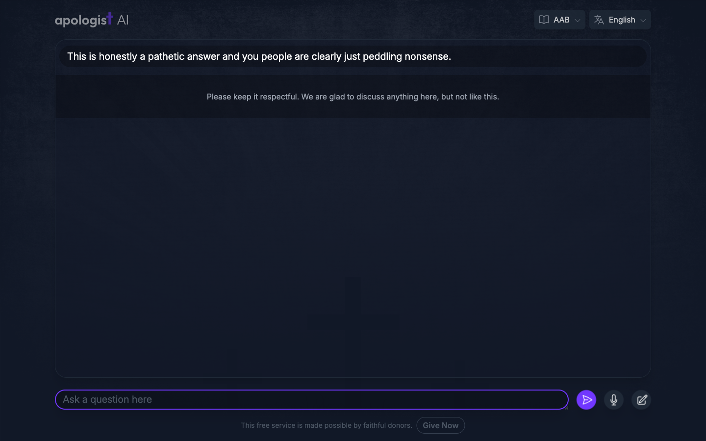 The Seeker Agent showing the Keep It Civil warning in place of an answer, after a visitor sends a hostile message.