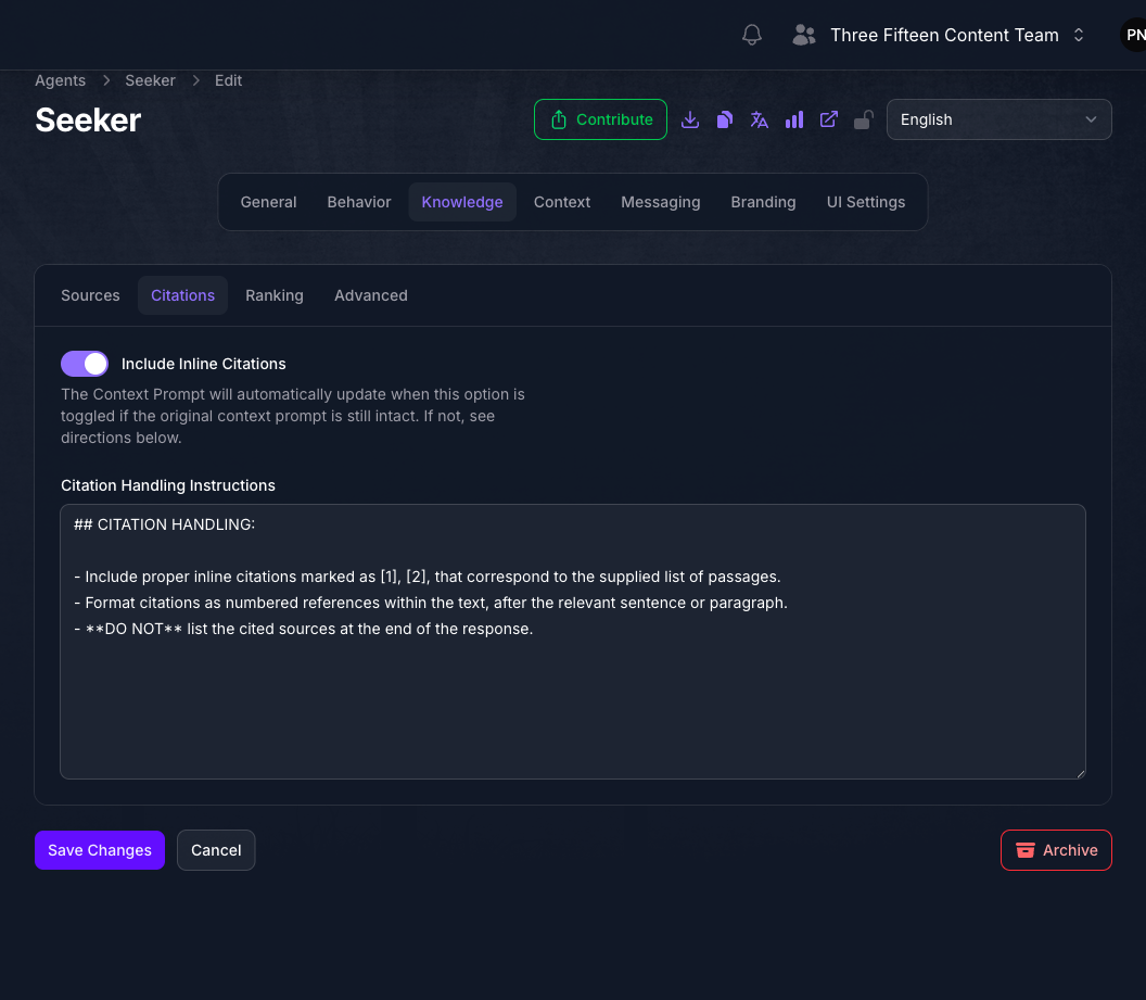 The Citations tab of the Seeker Agent's Knowledge page in Console, showing the Include Inline Citations toggle turned on and a Citation Handling Instructions field filled with the default CITATION HANDLING block.