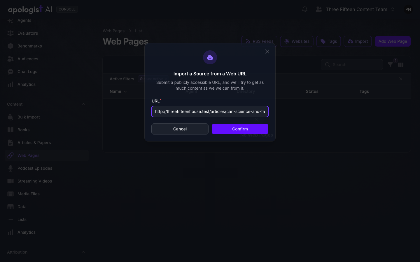 The Web Pages list in Console with the Import a Source from a Web URL dialog open over it, a web page address entered in the URL field, and Cancel and Confirm buttons.