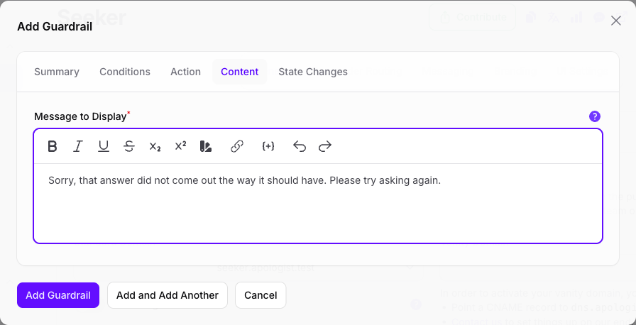 The Content tab of the Add Guardrail dialog in Console with the Type set to Response, showing a single Message to Display field holding the wording shown when an answer keeps failing.