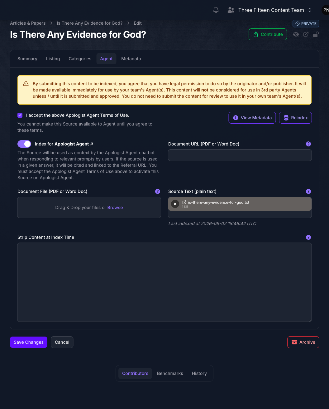 The Agent tab of a Source in Console, showing the permission warning, the accepted Apologist Agent Terms of Use checkbox, the Index for Apologist Agent toggle turned on, the uploaded source text and the date it was last indexed.