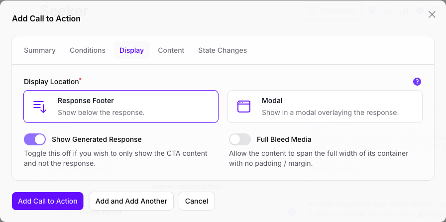 The Display tab of the Add Call to Action dialog in Console, with Response Footer selected beside Modal, and the Show Generated Response toggle on and Full Bleed Media off.