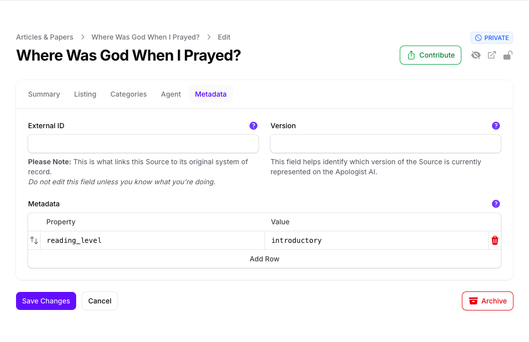The Metadata tab of the article Where Was God When I Prayed? in Console, with empty External ID and Version fields above a Metadata table holding the property reading_level with the value introductory.