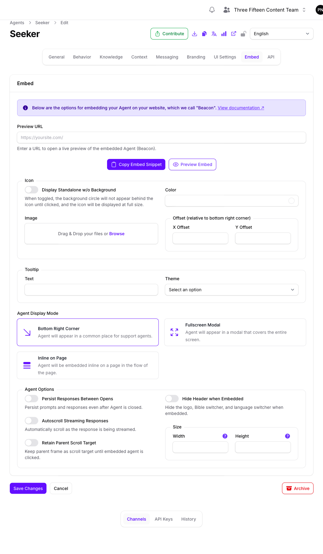 The Embed page for the Seeker Agent in Console, showing the Preview URL field, the Copy Embed Snippet and Preview Embed buttons, the Icon and Tooltip sections, the Agent Display Mode cards with Bottom Right Corner selected, and the Agent Options section.