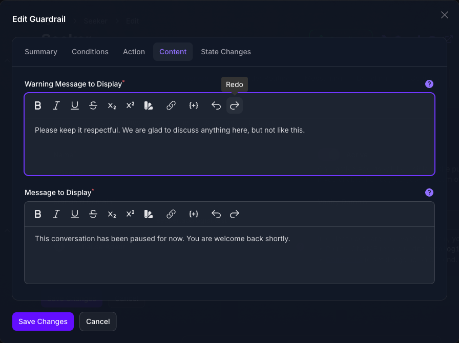 The Content tab of the Add Guardrail dialog in Console, showing the Warning Message to Display above the Message to Display, each with its own wording.