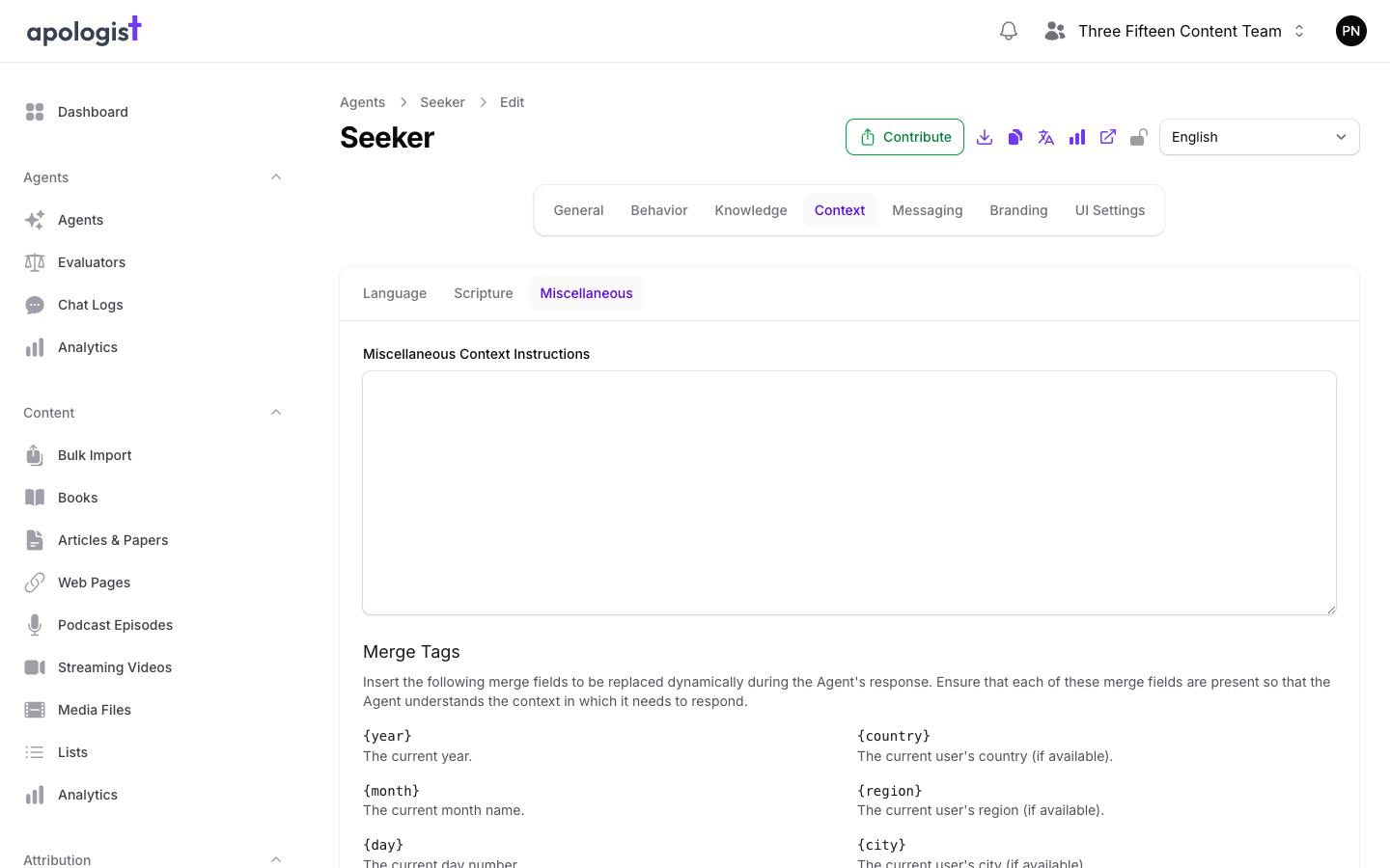 The Miscellaneous tab of the Seeker Agent's Context page in Console, showing an empty Miscellaneous Context Instructions field above a Merge Tags reference listing the year, month, day, country, region, and city tags.