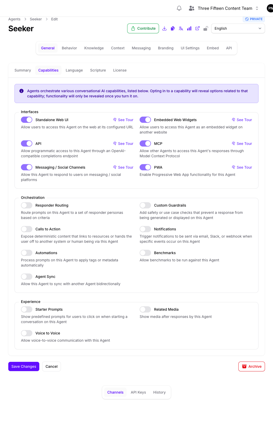 The Capabilities tab of the Seeker Agent's General page in Console, with the Interfaces group showing Standalone Web UI, Embedded Web Widgets, API, MCP, Messaging / Social Channels, and PWA all turned on, above the Orchestration and Experience groups.